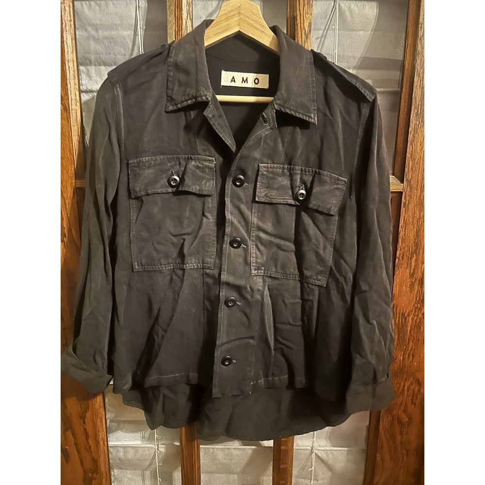AMO denim Ruffle Army Shirt Jacket In Washed Black Size Extra Small - Picture 2 of 8